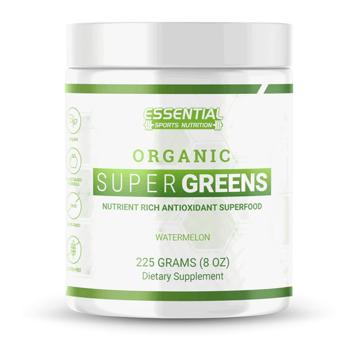 Essential Sports Nutrition Organic Super Greens bottle on a kitchen counter, energizing your day.