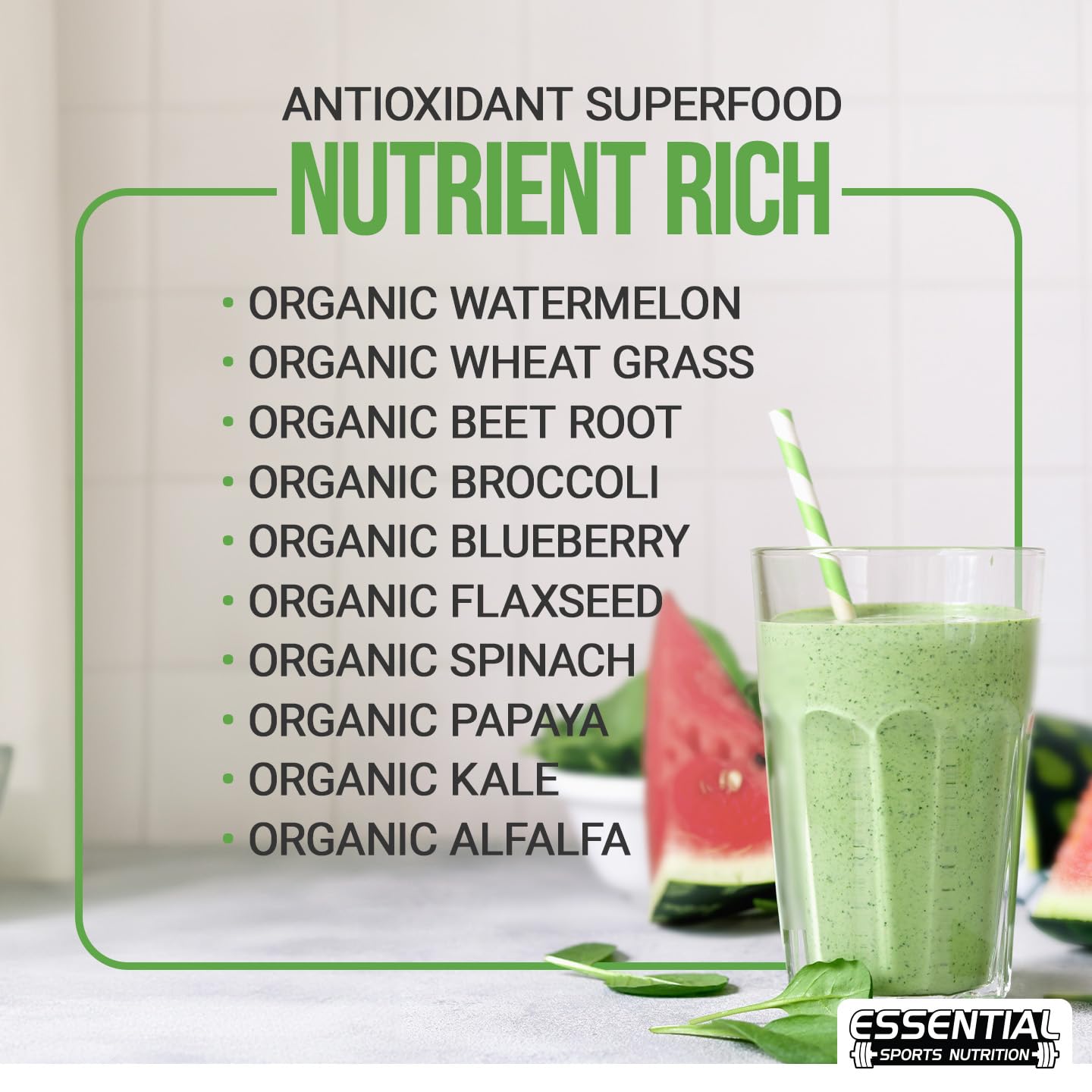 Essential Sports Nutrition Organic Super Greens ingredients close-up showing greens and berries for nourishment.