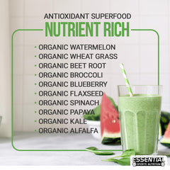 Essential Sports Nutrition Organic Super Greens ingredients close-up showing greens and berries for nourishment.