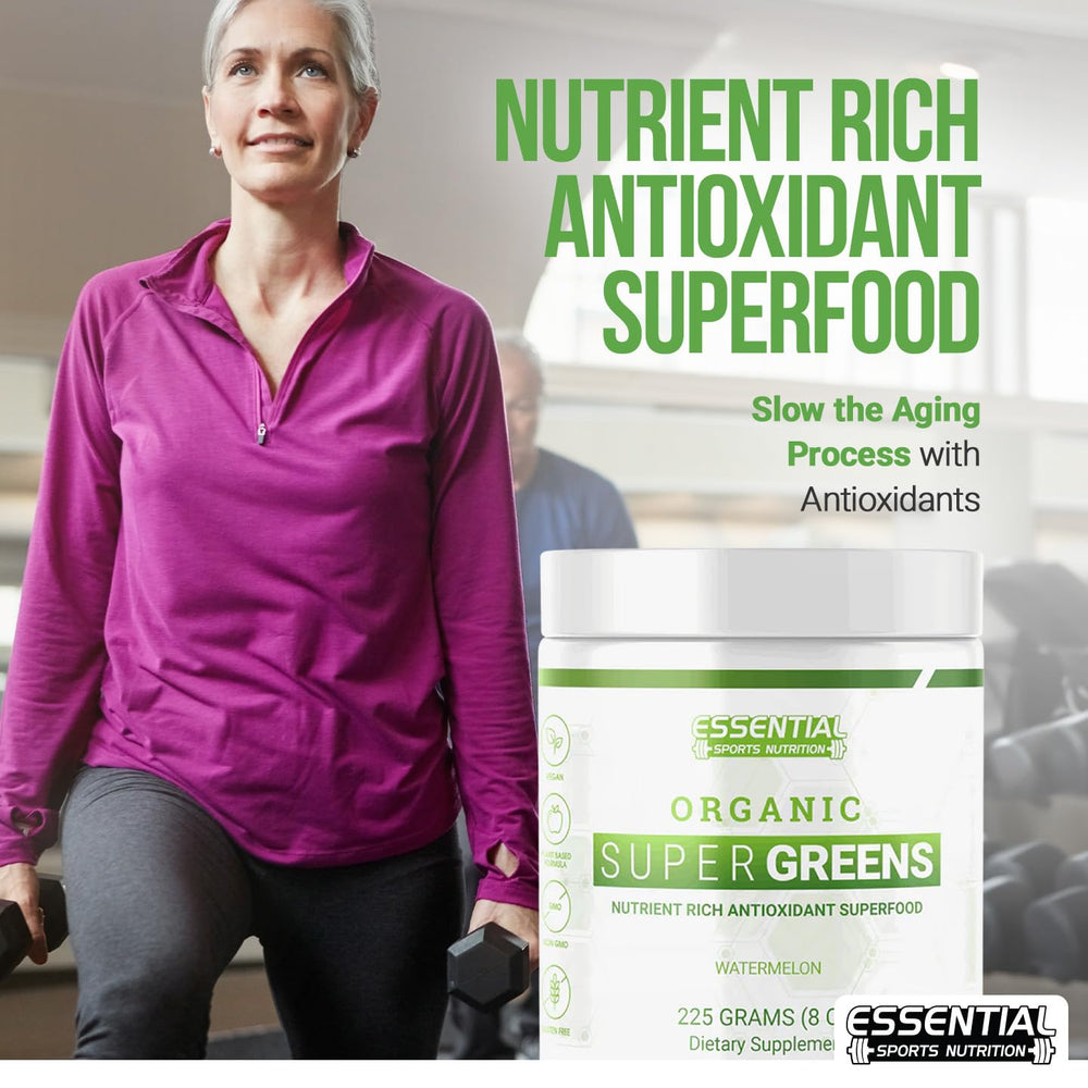 Essential Sports Nutrition Organic Super Greens ingredients close-up with vibrant greens for everyday wellness.