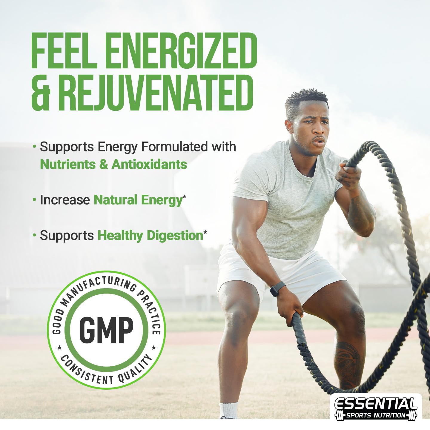 Essential Sports Nutrition Organic Super Greens powder packaging on counter highlighting plant-based, organic formula.