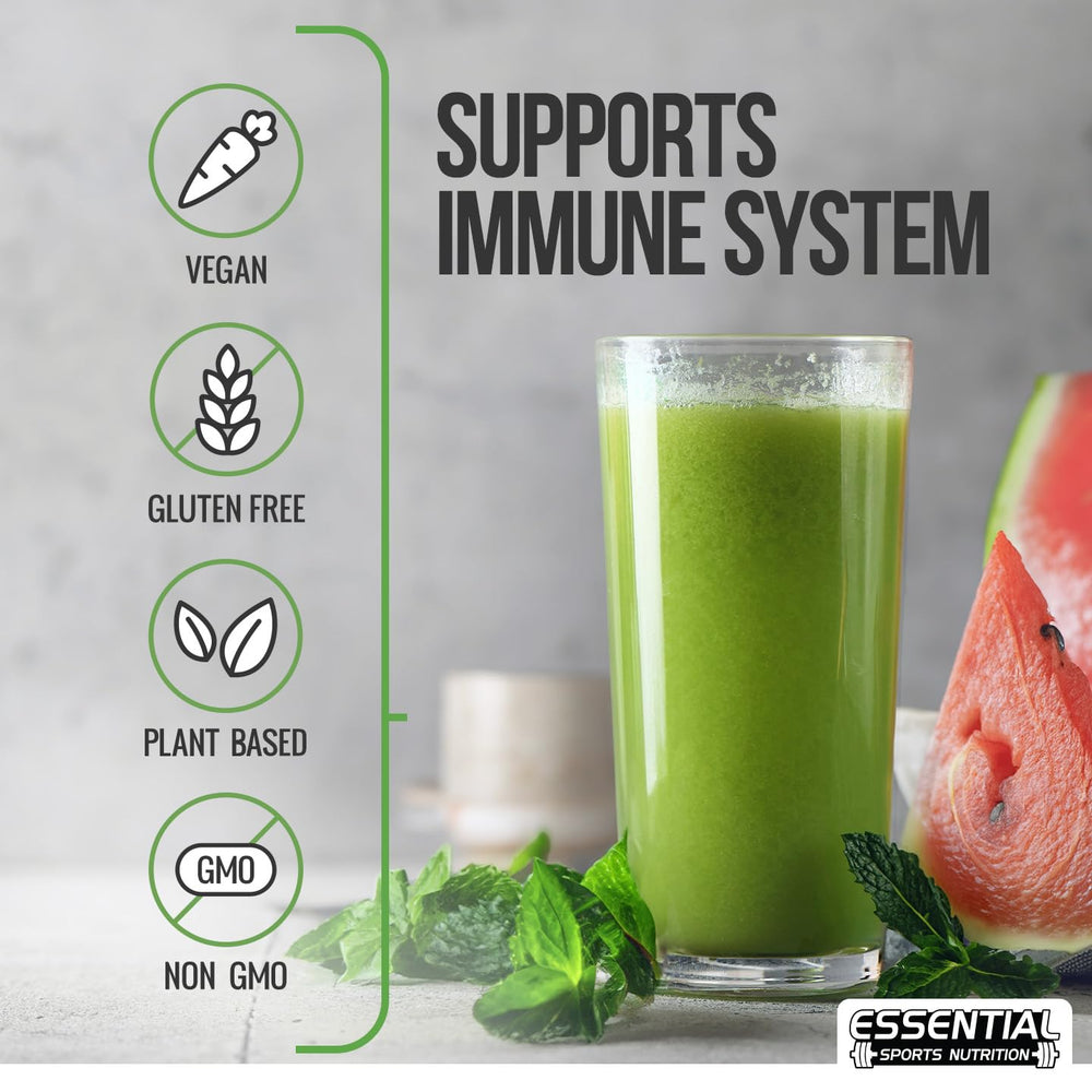 Essential Sports Nutrition Organic Super Greens scoop with powder for quick daily nourishment.