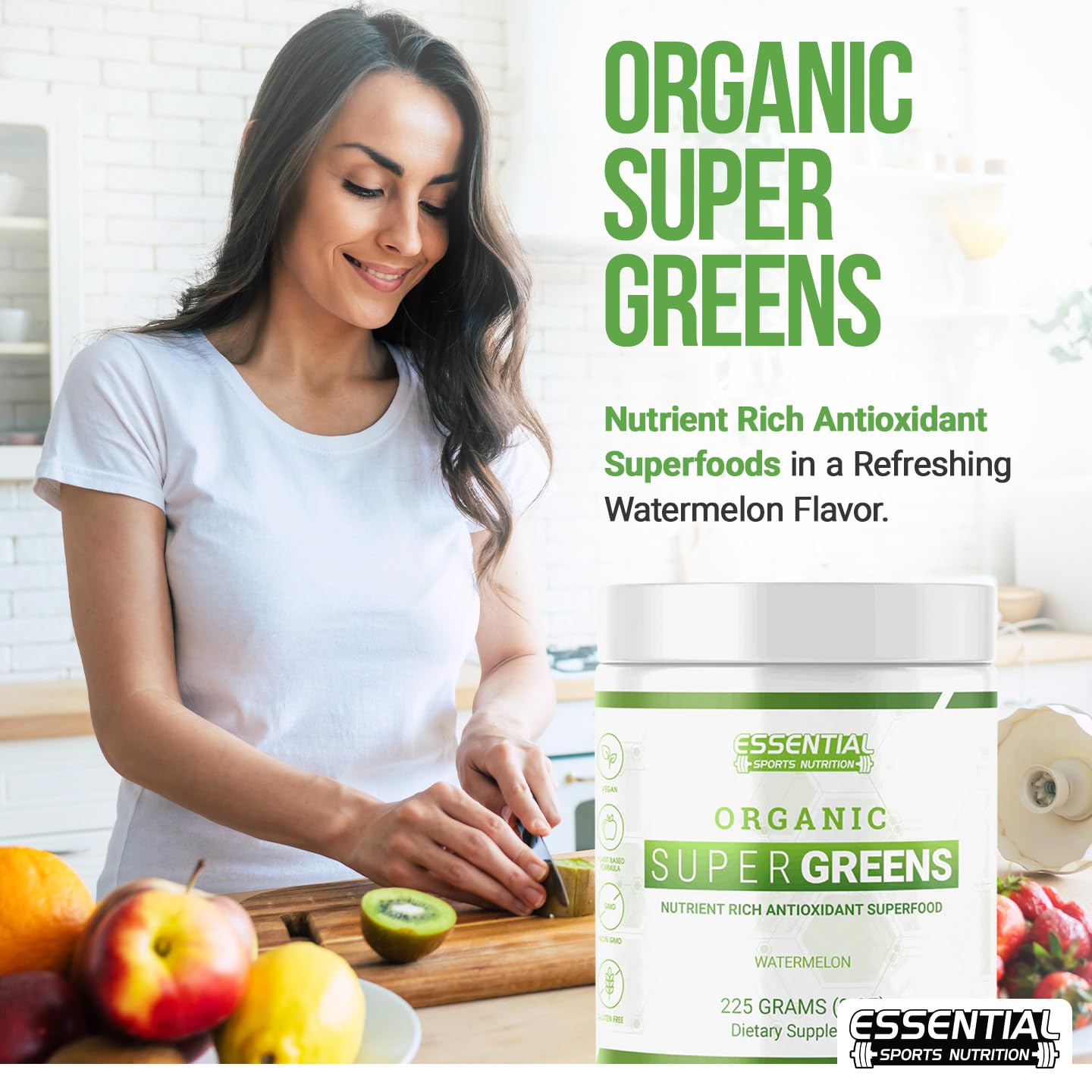 Essential Sports Nutrition Organic Super Greens smoothie in glass, fresh and inviting for energy on the go.