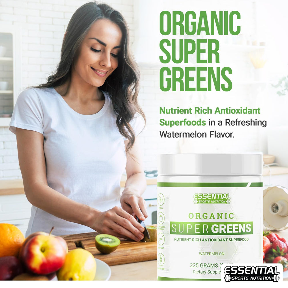 Essential Sports Nutrition Organic Super Greens smoothie in glass, fresh and inviting for energy on the go.