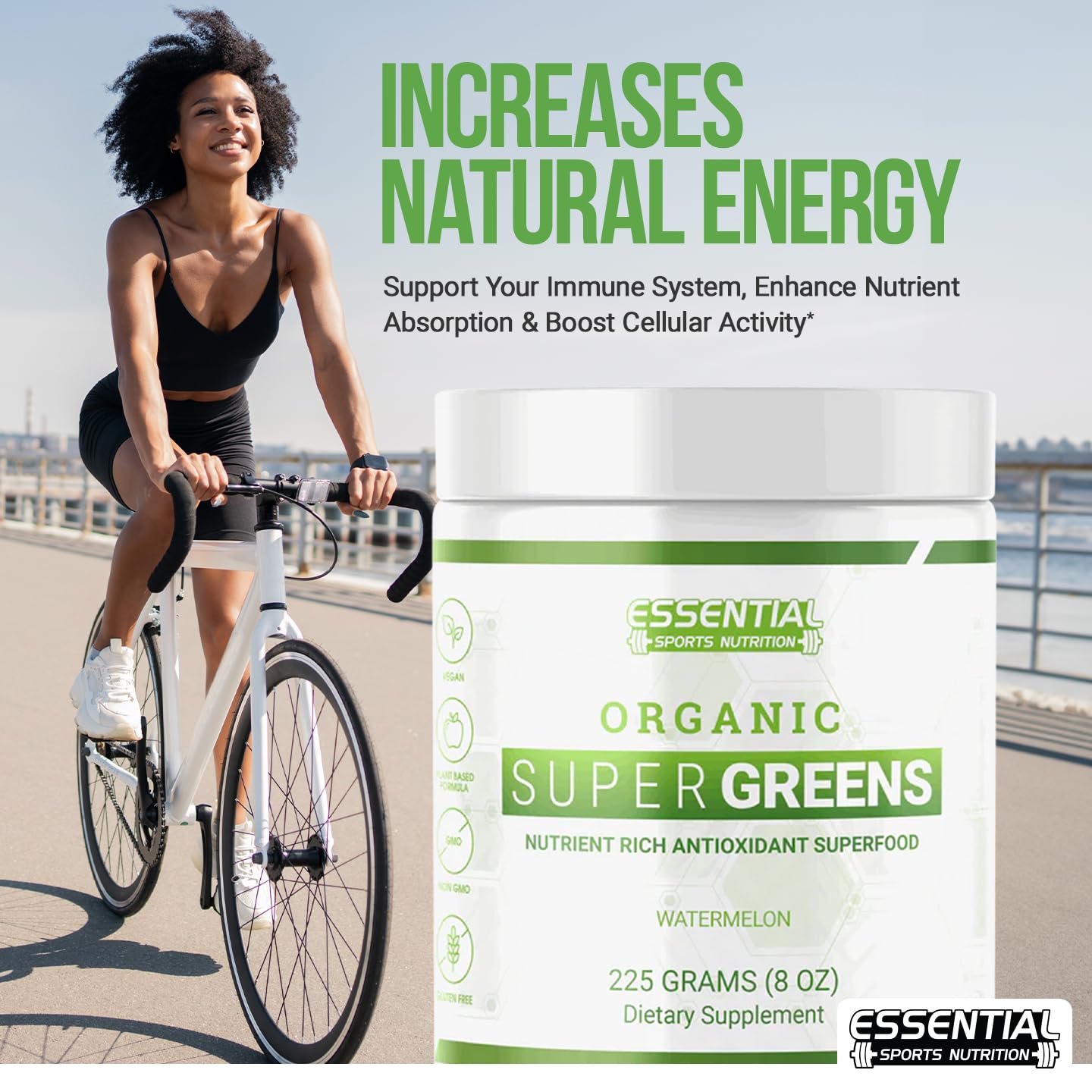 Essential Sports Nutrition Organic Super Greens container with USDA Organic label signaling quality.