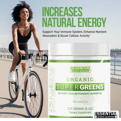 Essential Sports Nutrition Organic Super Greens container with USDA Organic label signaling quality.