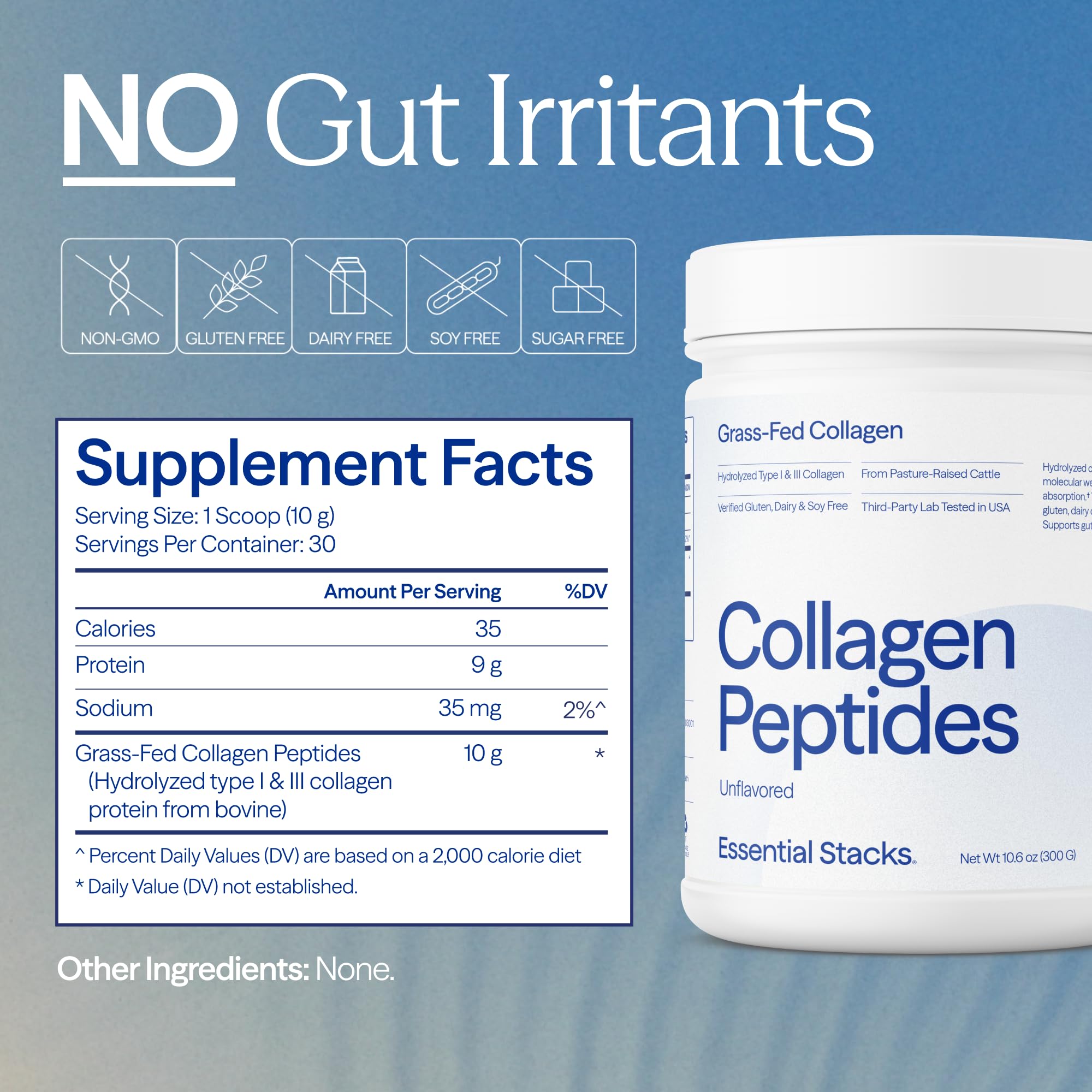 Essential Stacks Collagen ingredients label highlights grass-fed sourcing