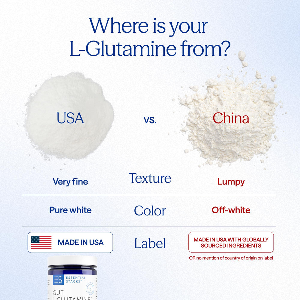 Kitchen bag of Essential Stacks Gut L-Glutamine powder in use at home