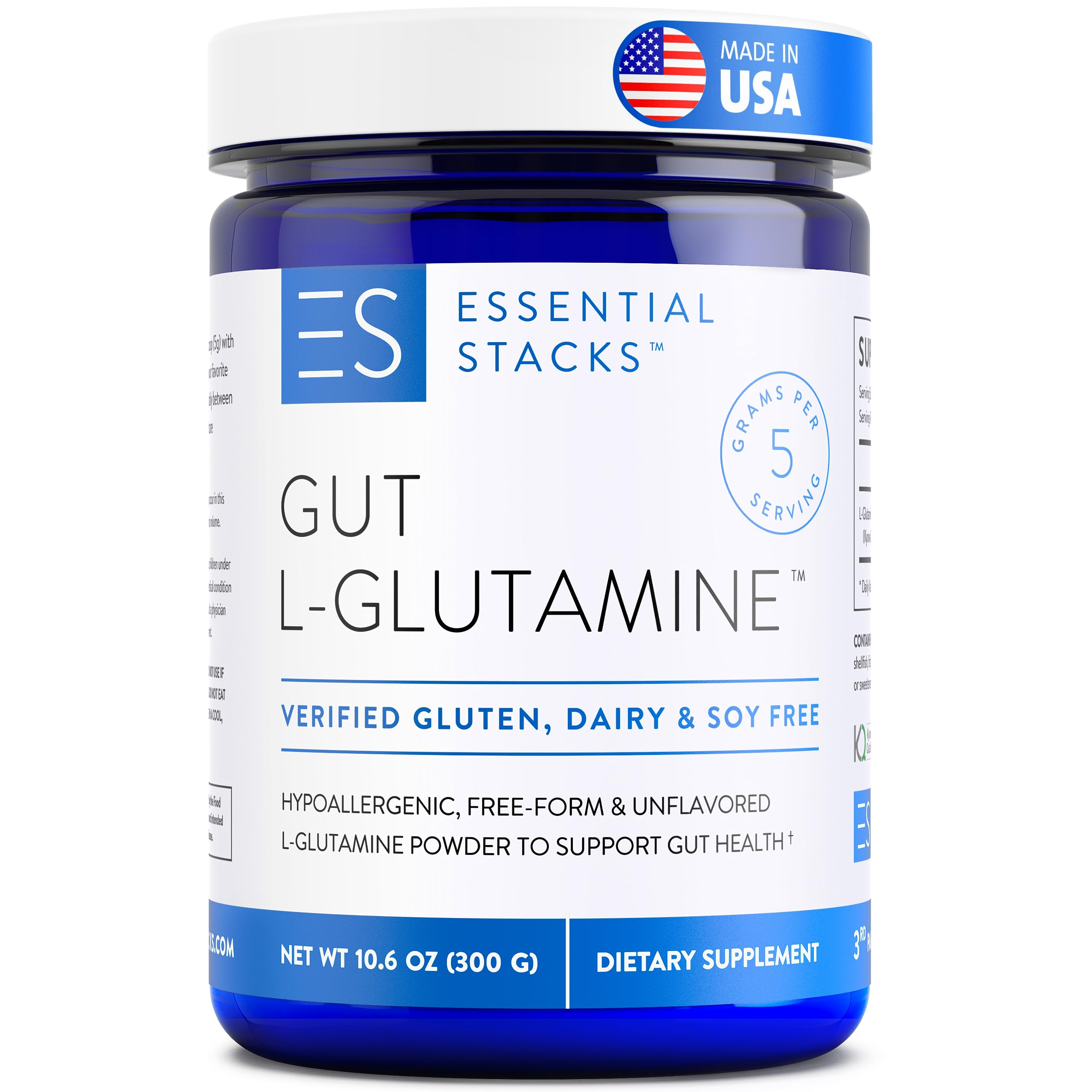 Essential Stacks Gut L-Glutamine powder with scoop for daily gut support