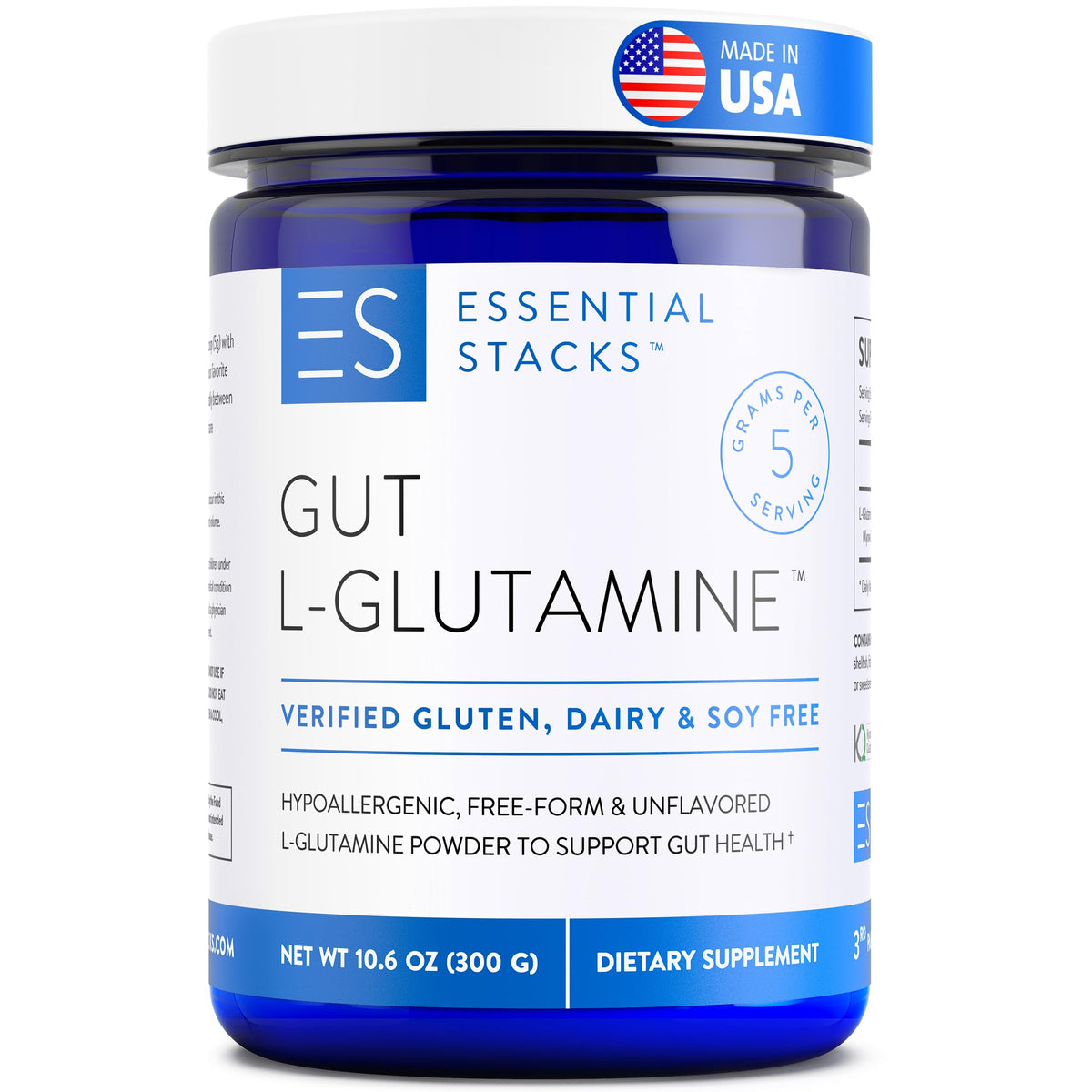 Essential Stacks Gut L-Glutamine powder with scoop for daily gut support