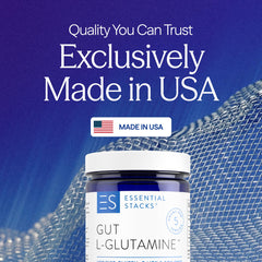 Label of Essential Stacks Gut L-Glutamine powder highlighting USA-made purity