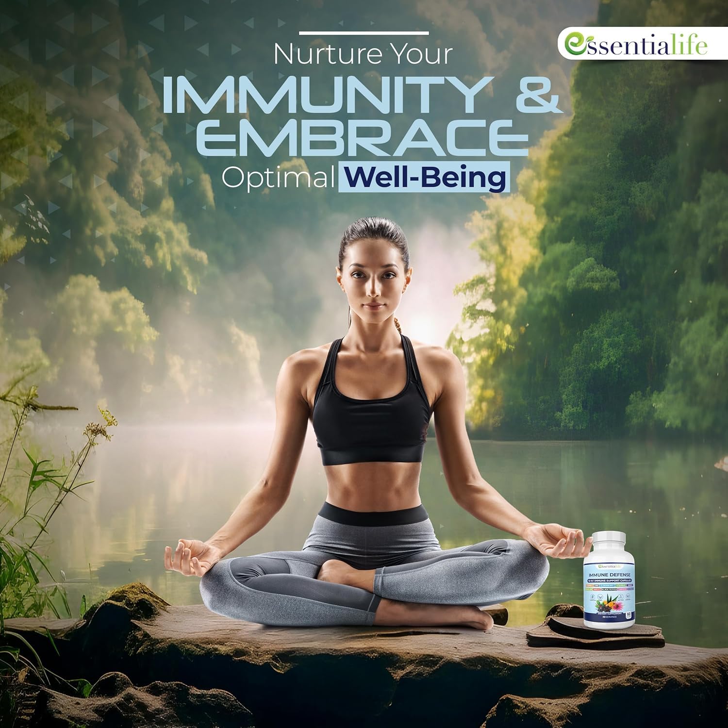 Essentialife Immune Support packaging back with dosage and ingredients information.