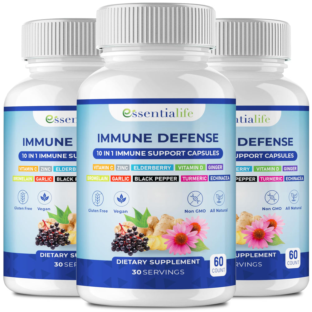 Essentialife Immune Support packaging front shows the 3-pack bundle for daily immune support.