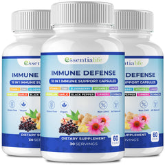 Essentialife Immune Support packaging front shows the 3-pack bundle for daily immune support.