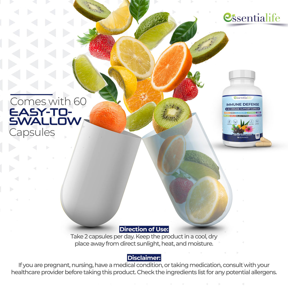 Essentialife Immune Support turmeric ginger capsule with warm botanical notes