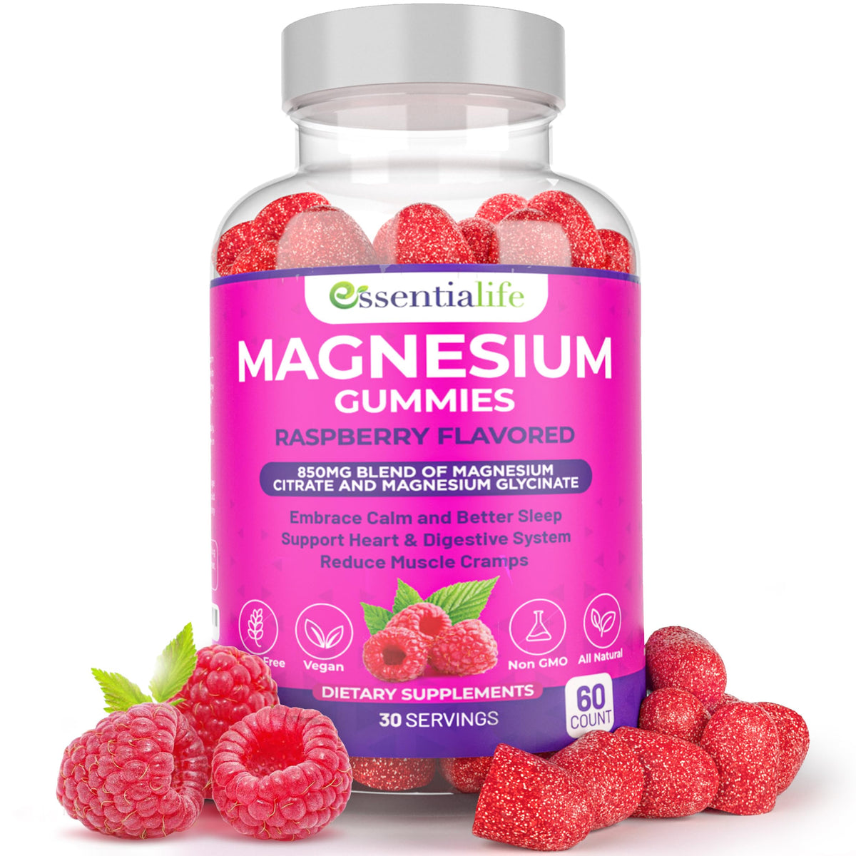 Essentialife Magnesium Gummies bottle-front showing 60-count package for daily magnesium support