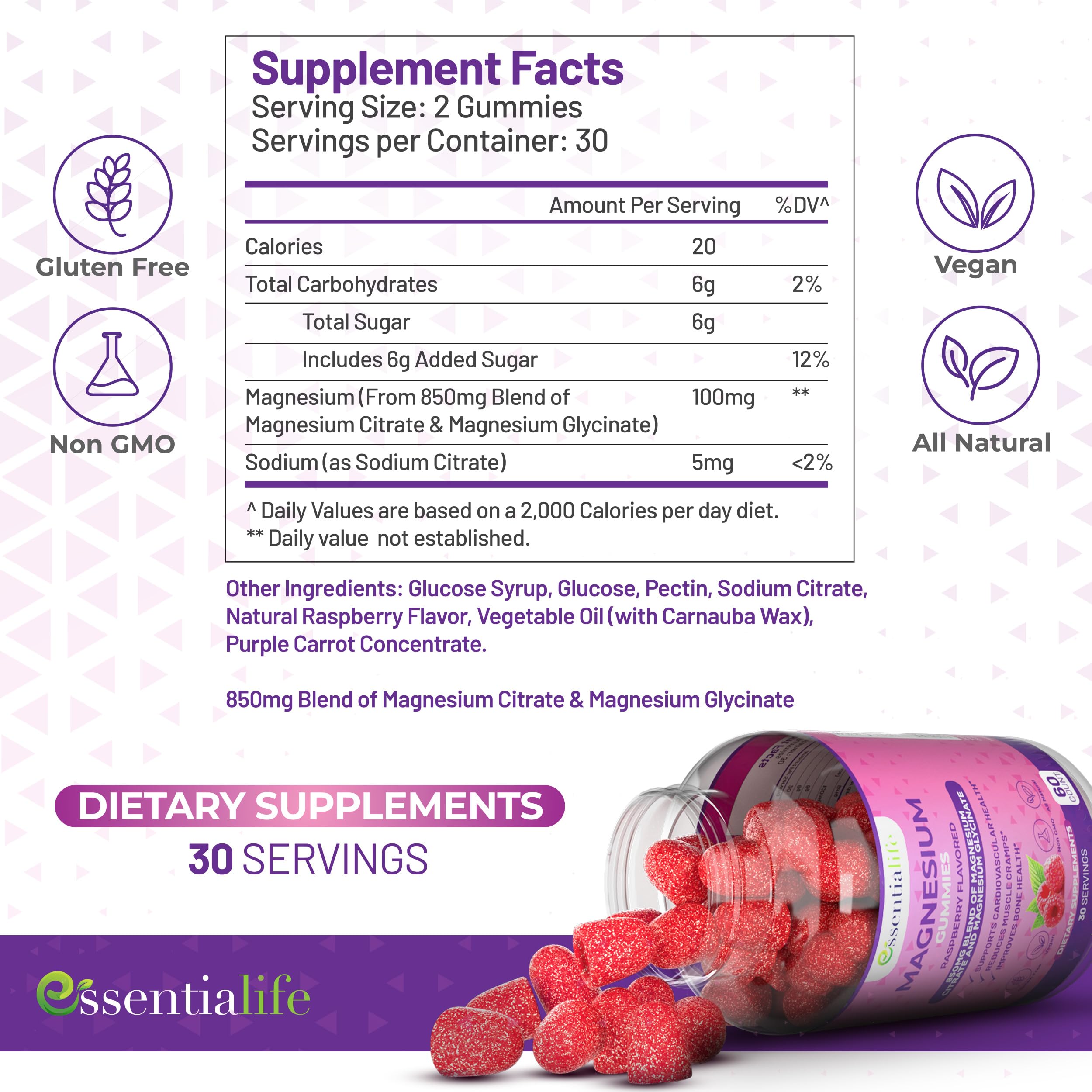 Essentialife Magnesium Gummies bottle-pour highlighting easy-dose servings