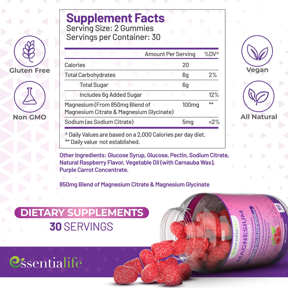 Essentialife Magnesium Gummies bottle-pour highlighting easy-dose servings