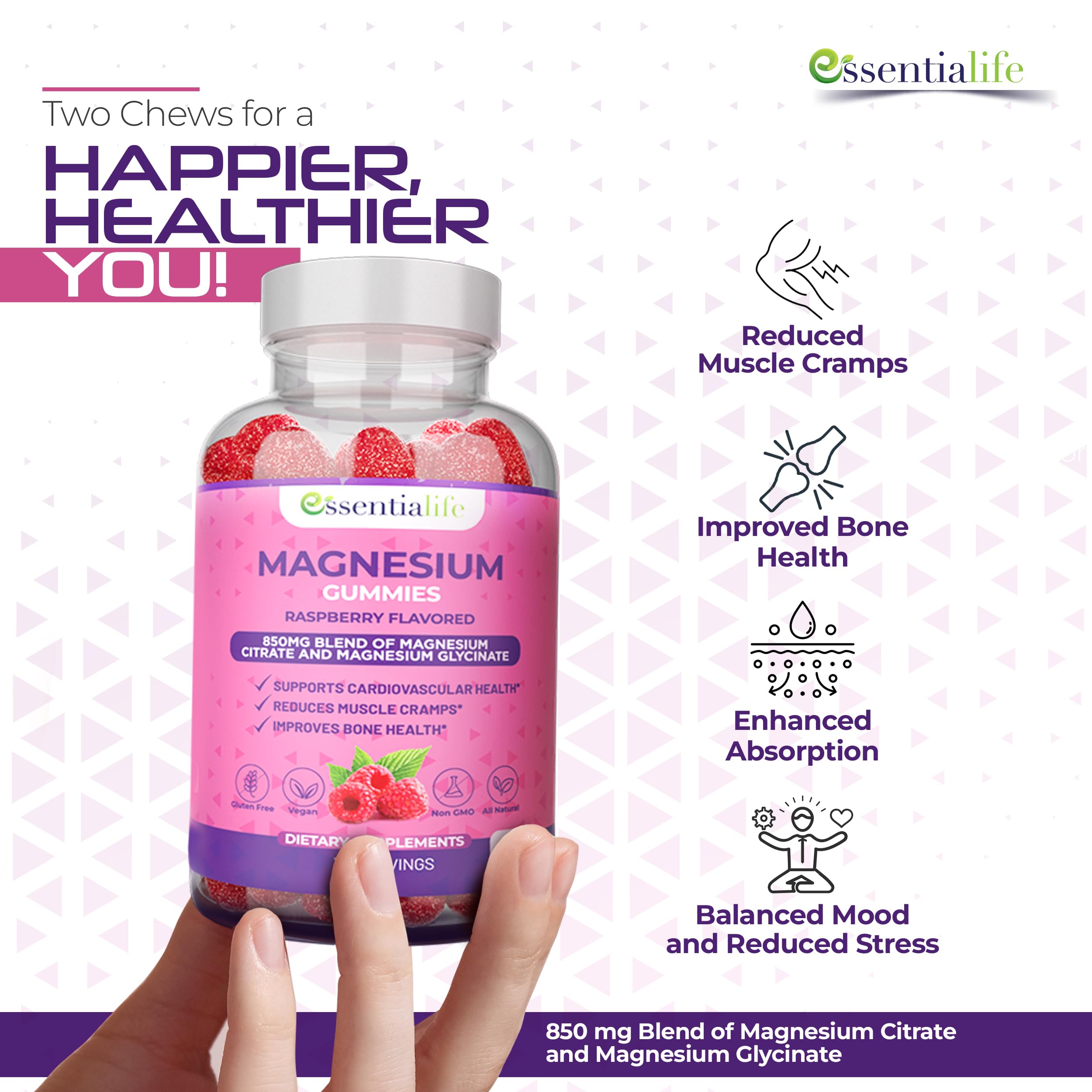 Essentialife Magnesium Gummies gummy-closeup emphasizes soft chewy texture