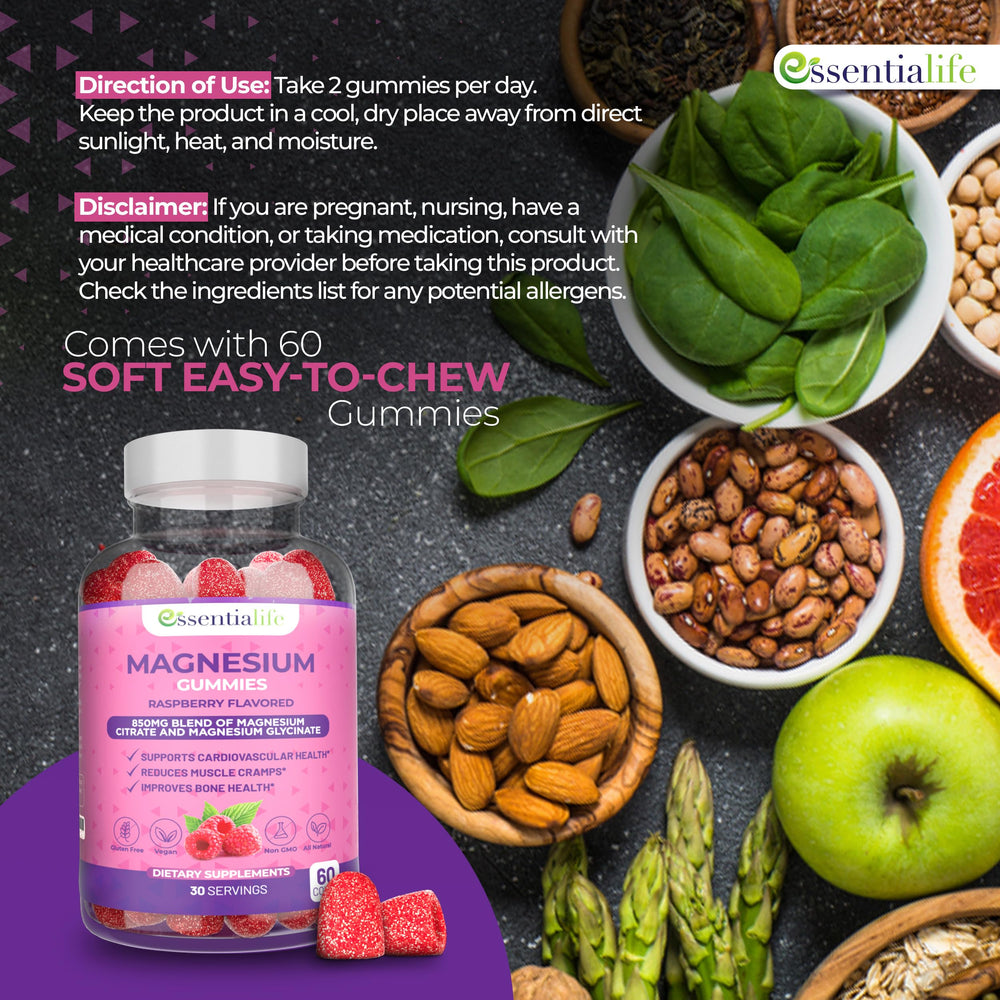 Essentialife Magnesium Gummies label-detail reveals citrate and glycinate blend for absorption
