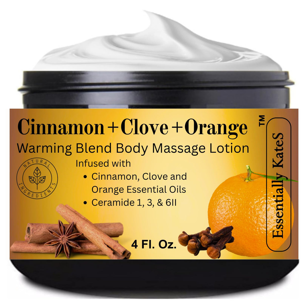Essentially KateS Cinnamon Clove Orange Lotion bottle showing warming relief for tired muscles.