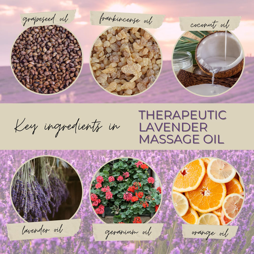 Essentially KateS Lavender Massage Oil closeup ingredients highlights grape seed and lavender.