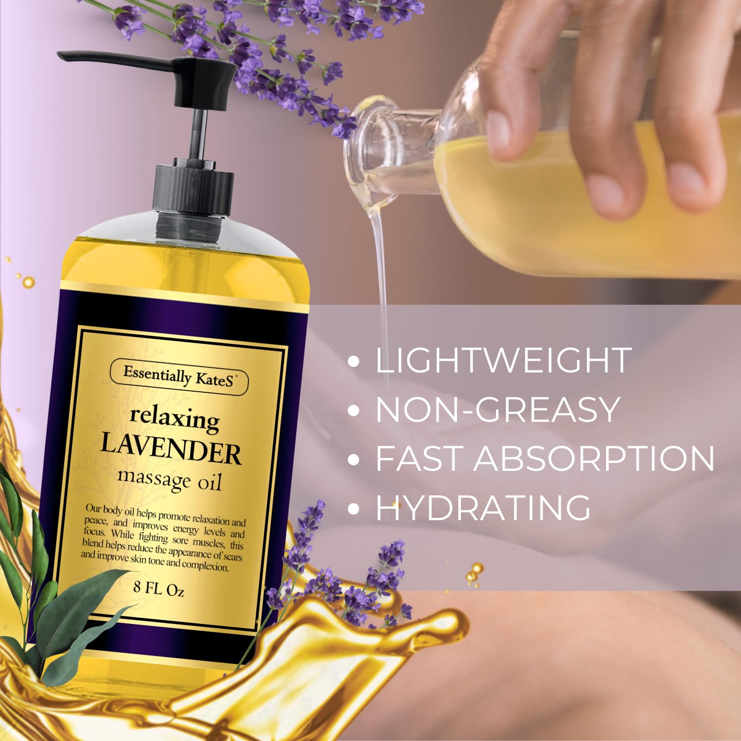 Essentially KateS Lavender Massage Oil therapy scene evokes spa like calm.