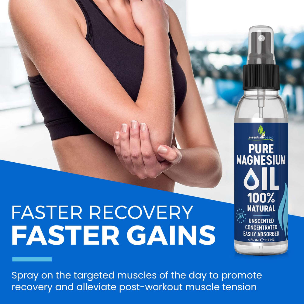 EssentiallyBased magnesium oil spray on nightstand for bedtime routine