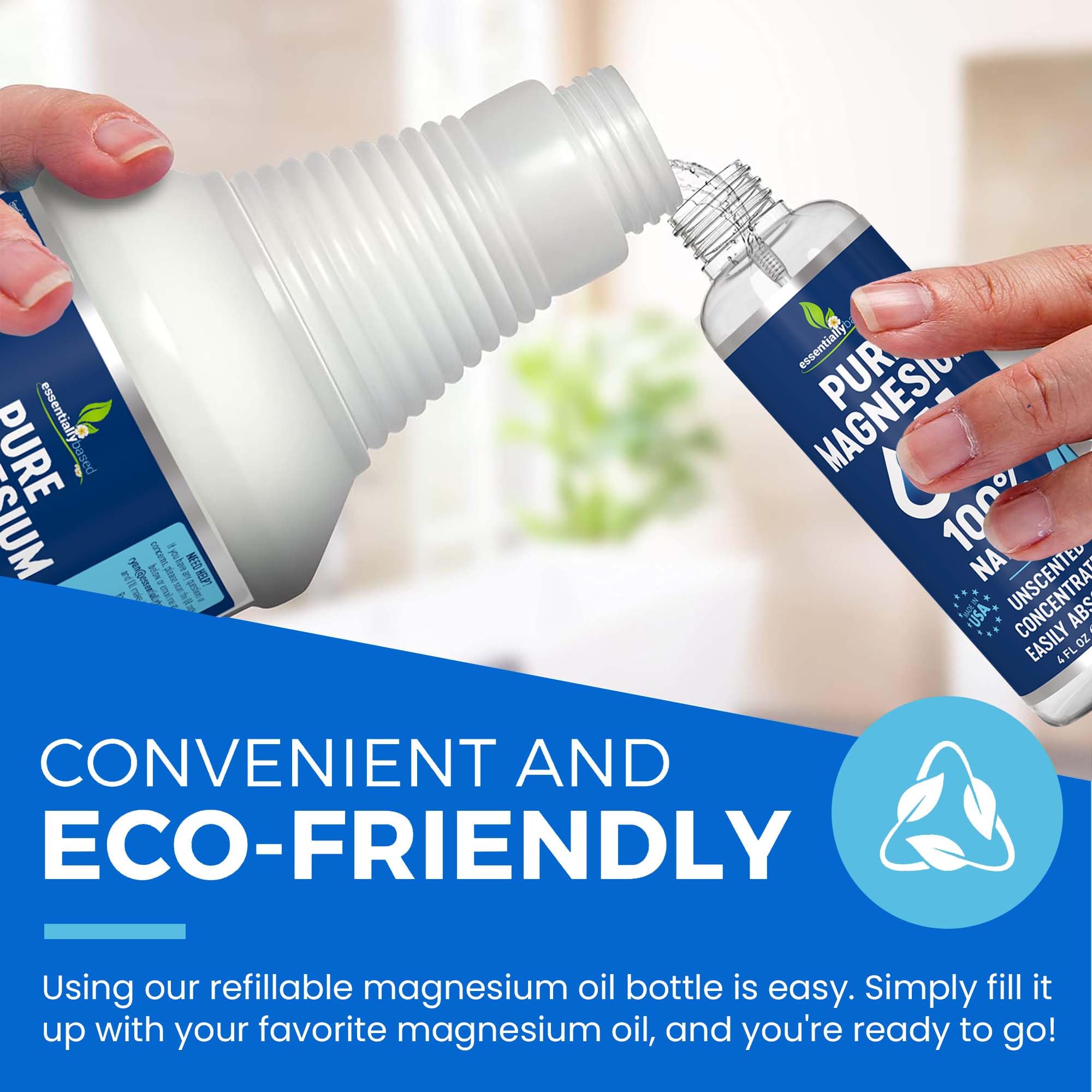EssentiallyBased magnesium oil spray applied to skin for soothing use