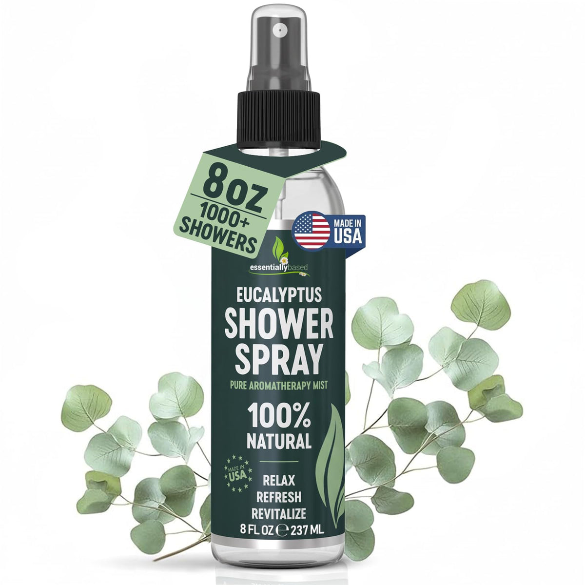 essentiallybased Pure Eucalyptus Shower Spray bottle for refreshing shower aromatherapy
