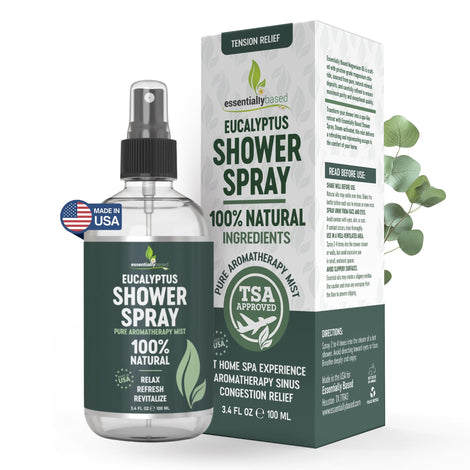 EssentiallyBased Pure Eucalyptus Shower Spray mist under shower for spa-like aromatherapy