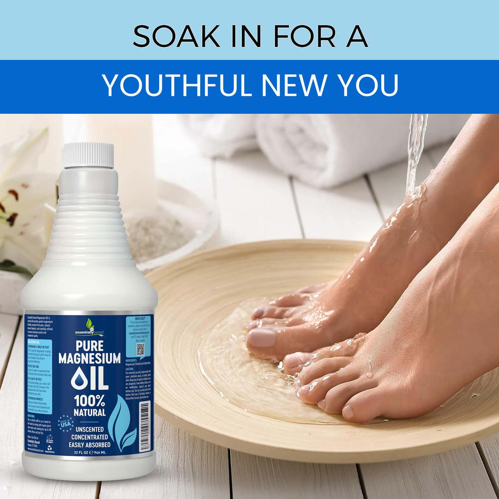 essentiallybased Pure Magnesium Oil Spray product in a calm nighttime setting