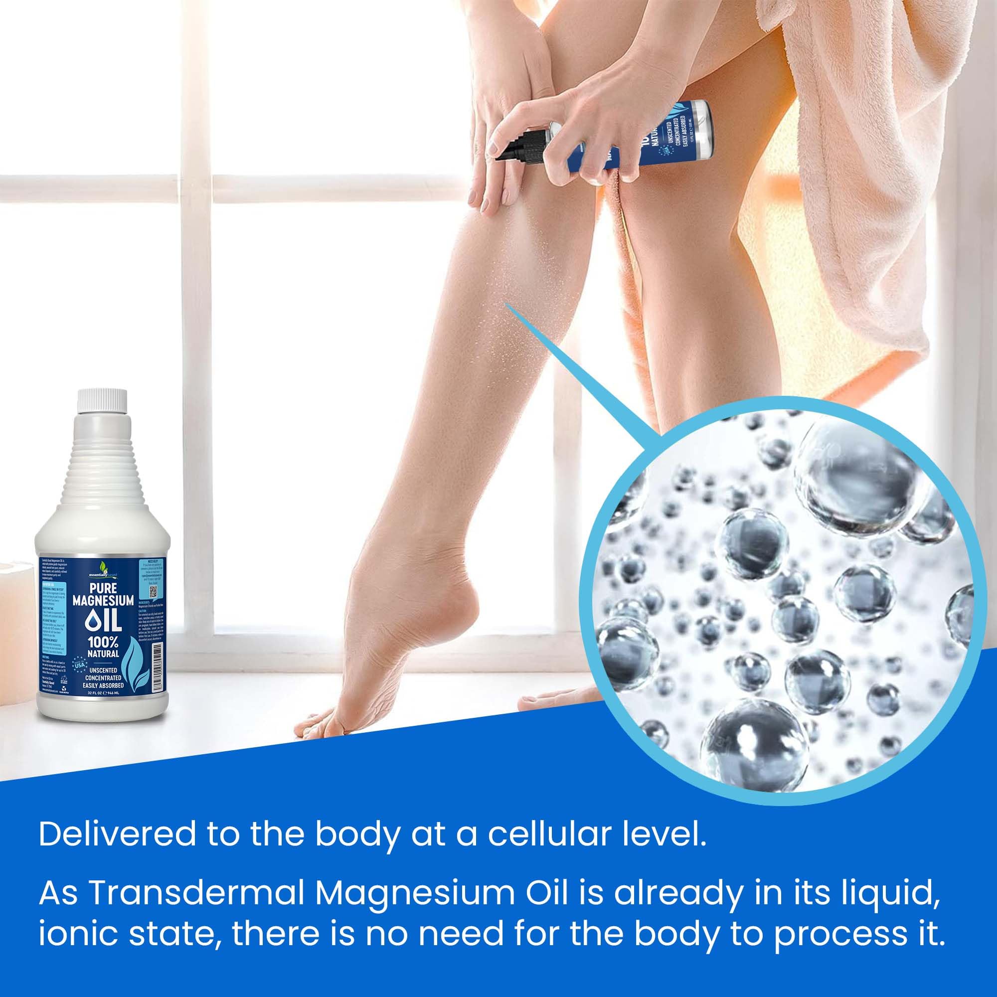 essentiallybased Pure Magnesium Oil Spray spray nozzle in action for even coverage