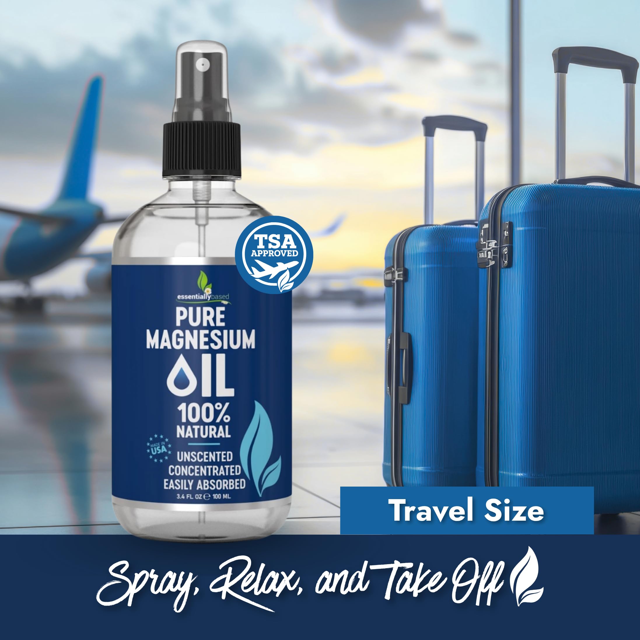 EssentiallyBased travel-sized magnesium oil spray shown for on-the-go relief.