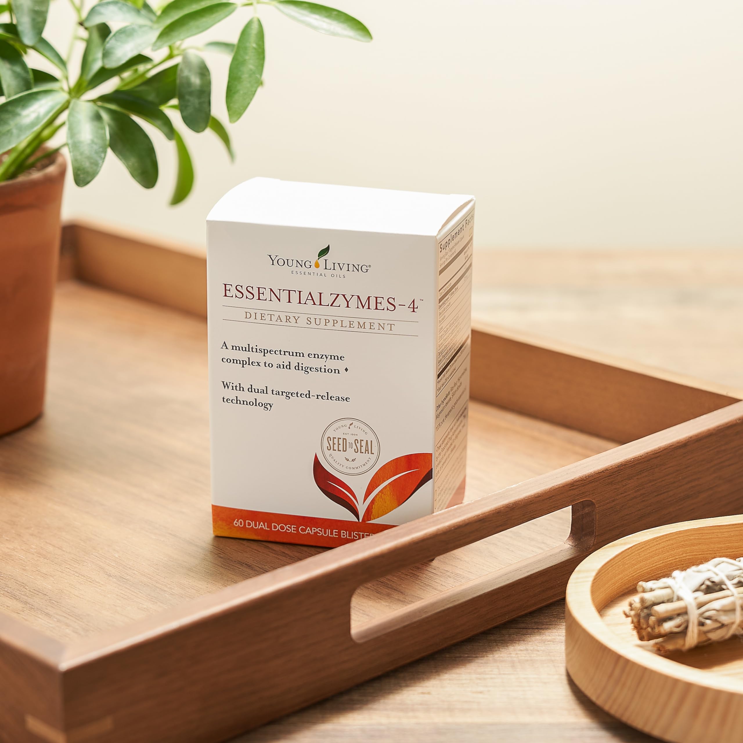 Essentialzymes-4 capsules close-up showing dual-dose design for meals
