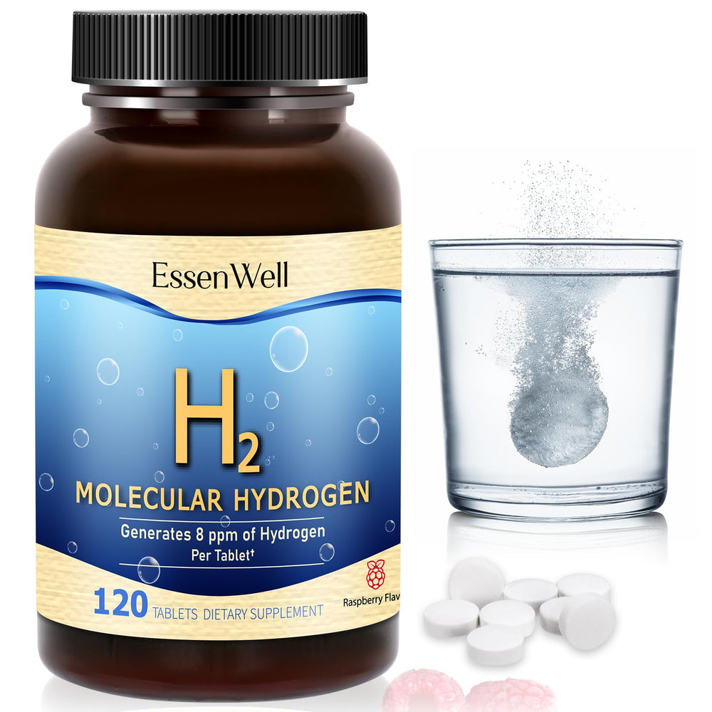 EssenWell molecular hydrogen raspberry tablets bottle for easy daily supplementation.