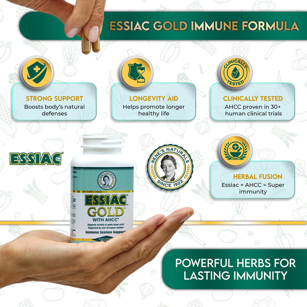 Premium Essiac Gold AHCC bottle on a shelf.