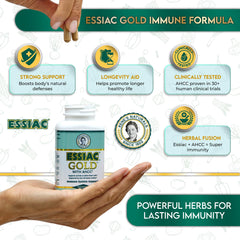 Premium Essiac Gold AHCC bottle on a shelf.