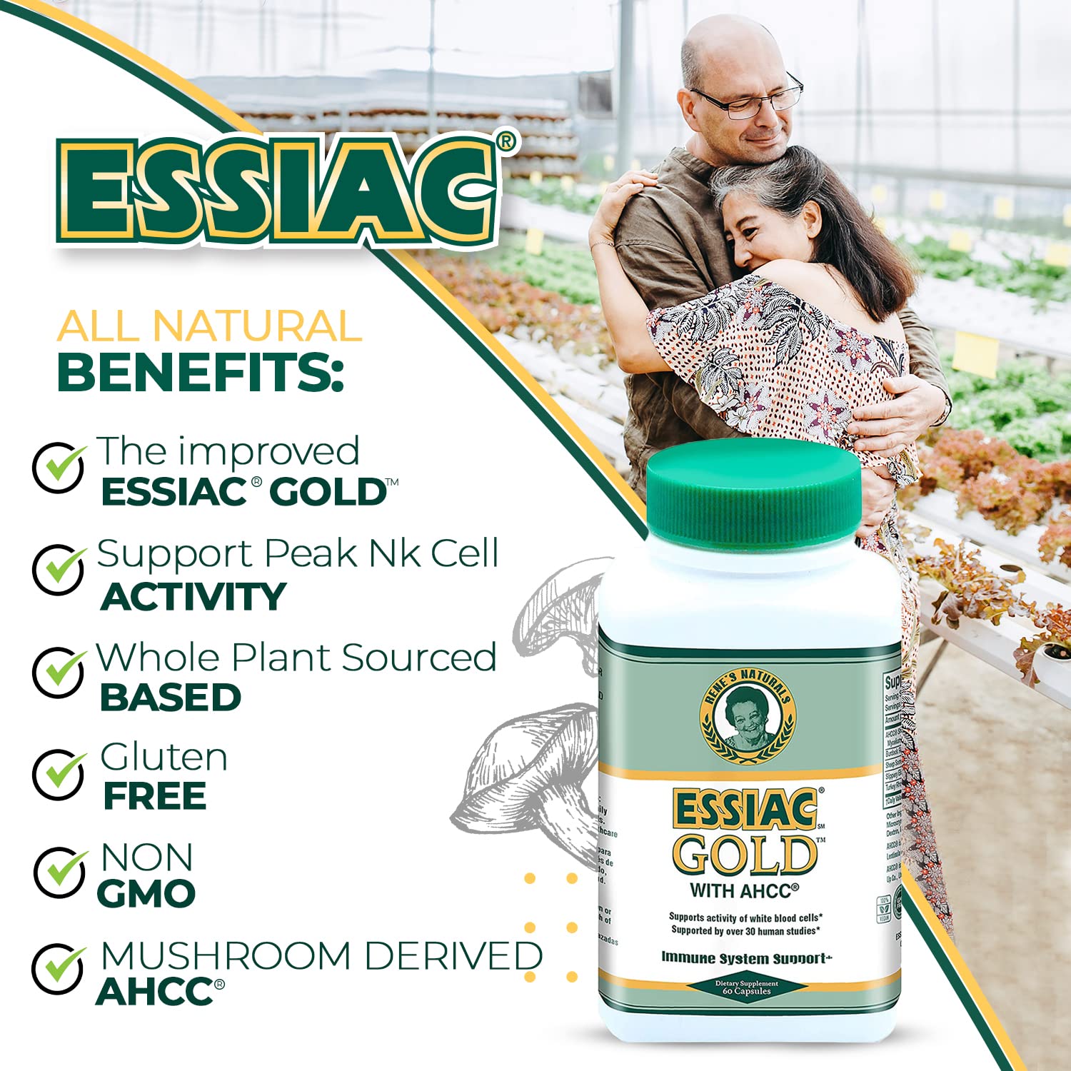 Glass bottle and desk setup featuring Essiac Gold AHCC.