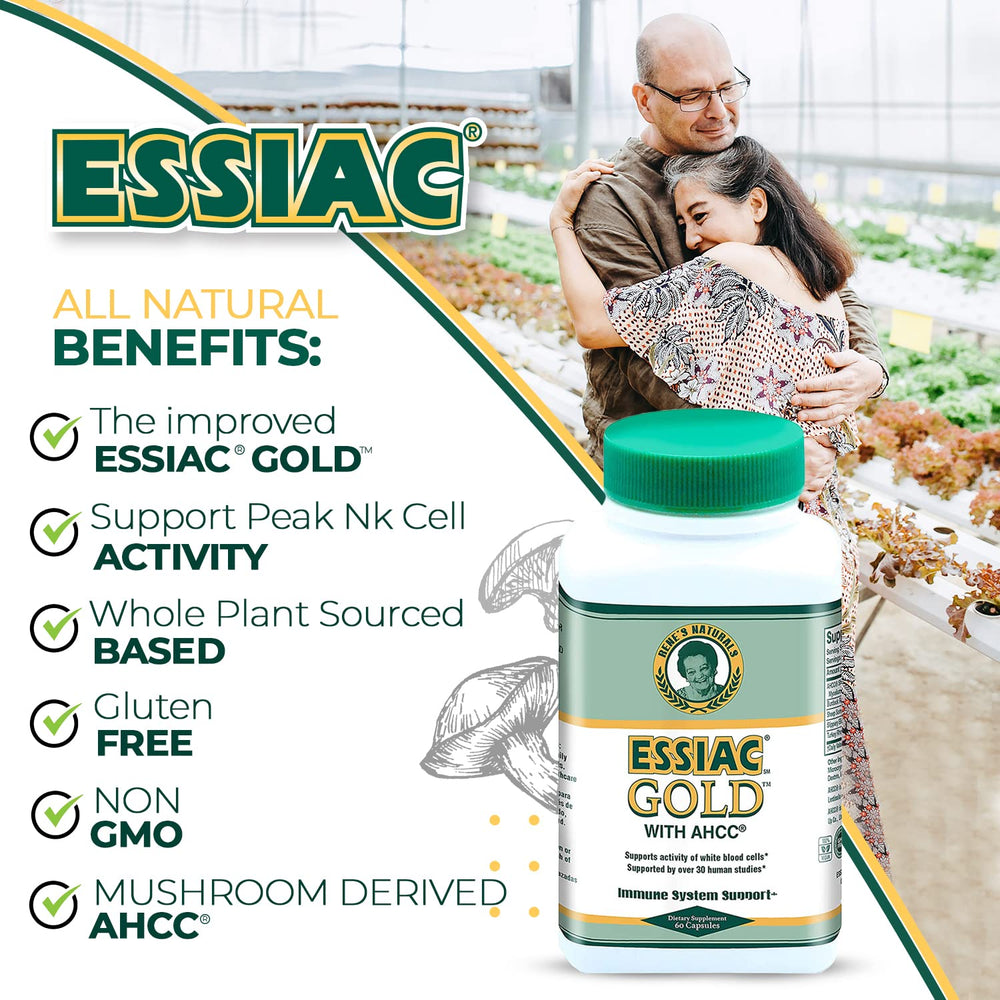 Glass bottle and desk setup featuring Essiac Gold AHCC.