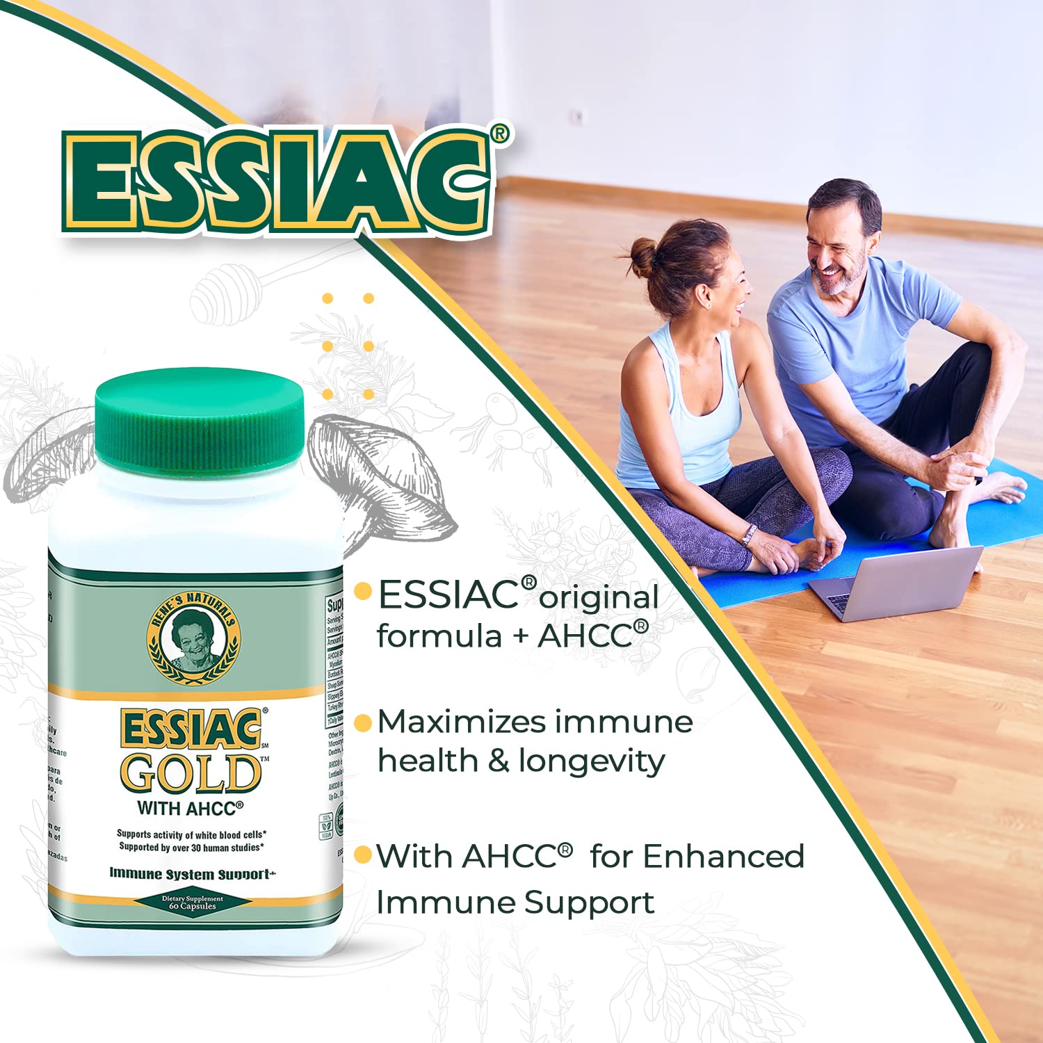 Herbal ingredients arranged to illustrate Essiac Gold AHCC blend.