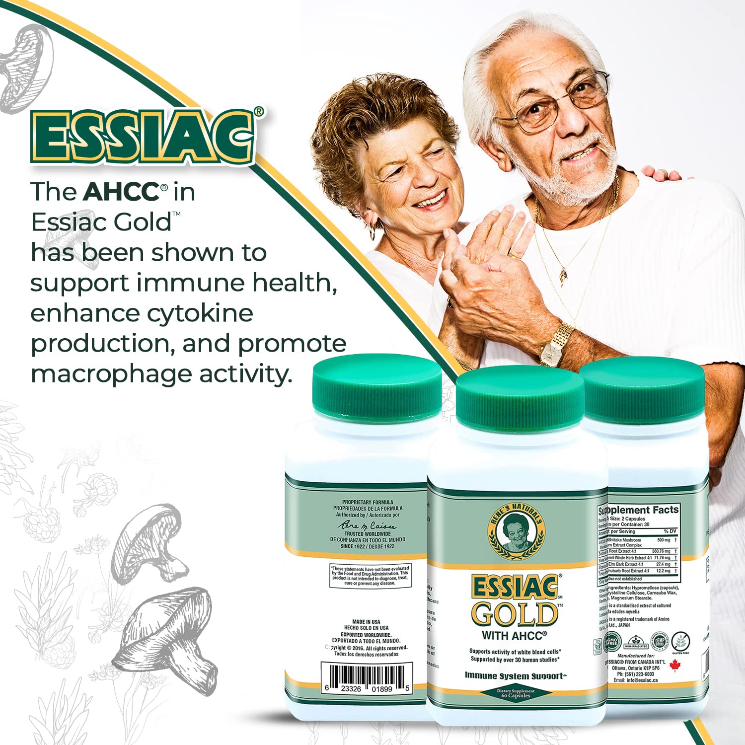 Packaging art emphasizing premium herbal immune support by Essiac Gold AHCC.