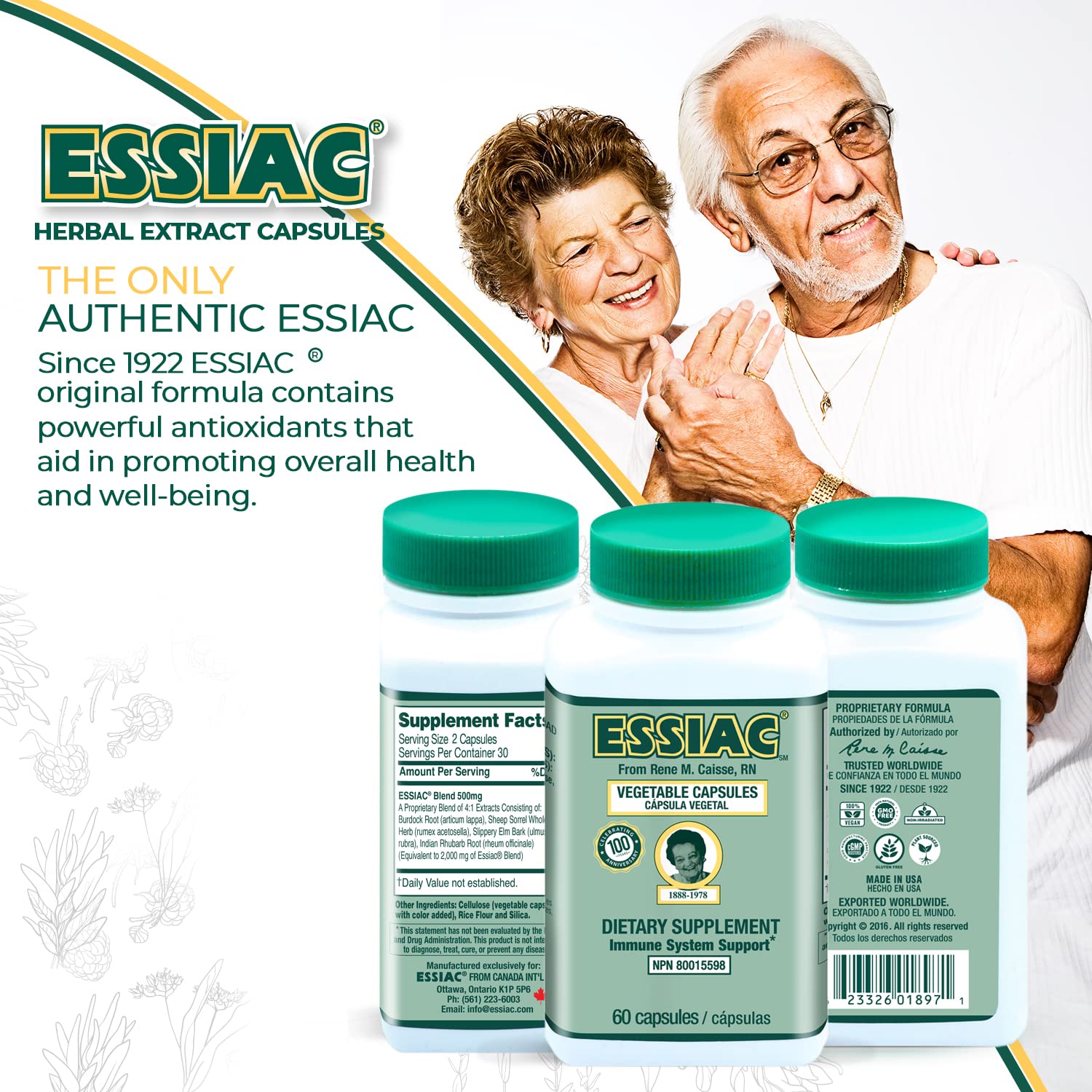 Essiac herbal ingredients burdock, slippery elm, and rhubarb shown for potency