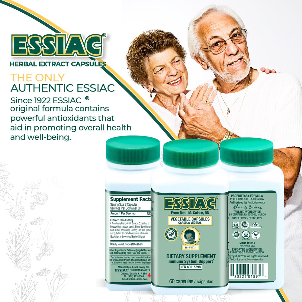 Essiac herbal ingredients burdock, slippery elm, and rhubarb shown for potency