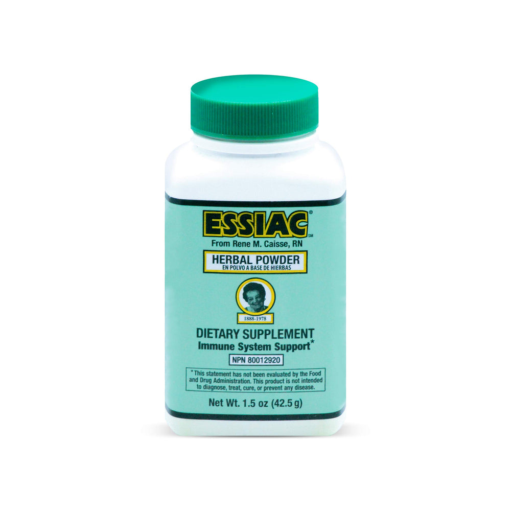 Essiac Genuine Tea Powder bottle displays original formula and bottle design for daily antioxidant support