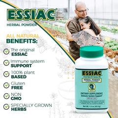 Close-up of Essiac Original Herbal Tea Powder showing quality ingredients