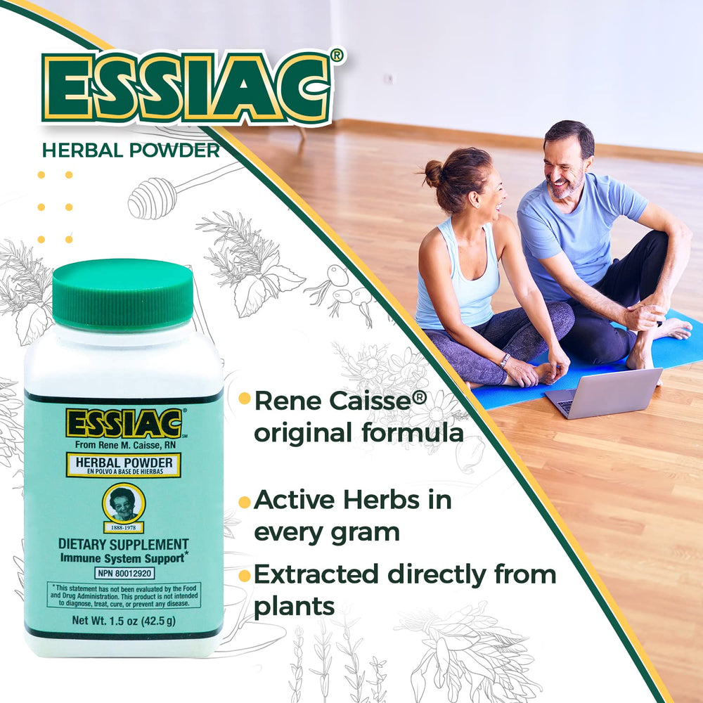 Pouring Essiac tea powder shows convenient preparation for antioxidant-rich tea
