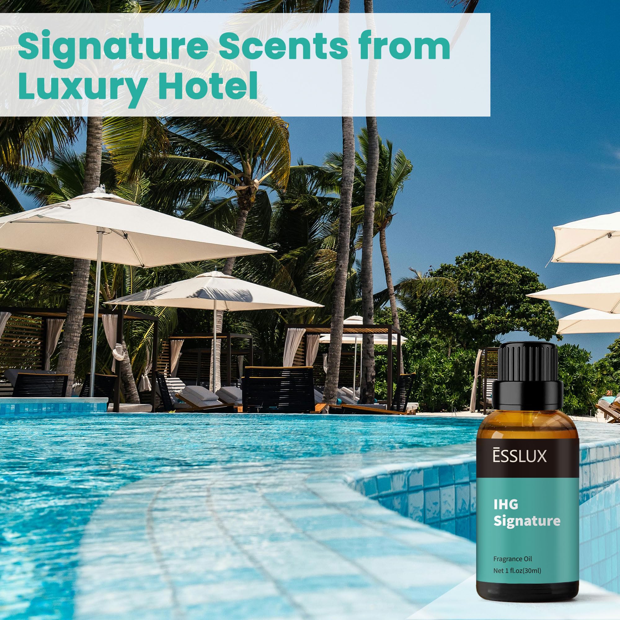 ESSLux IHG Signature fragrance oil on shelf enhances home ambiance.