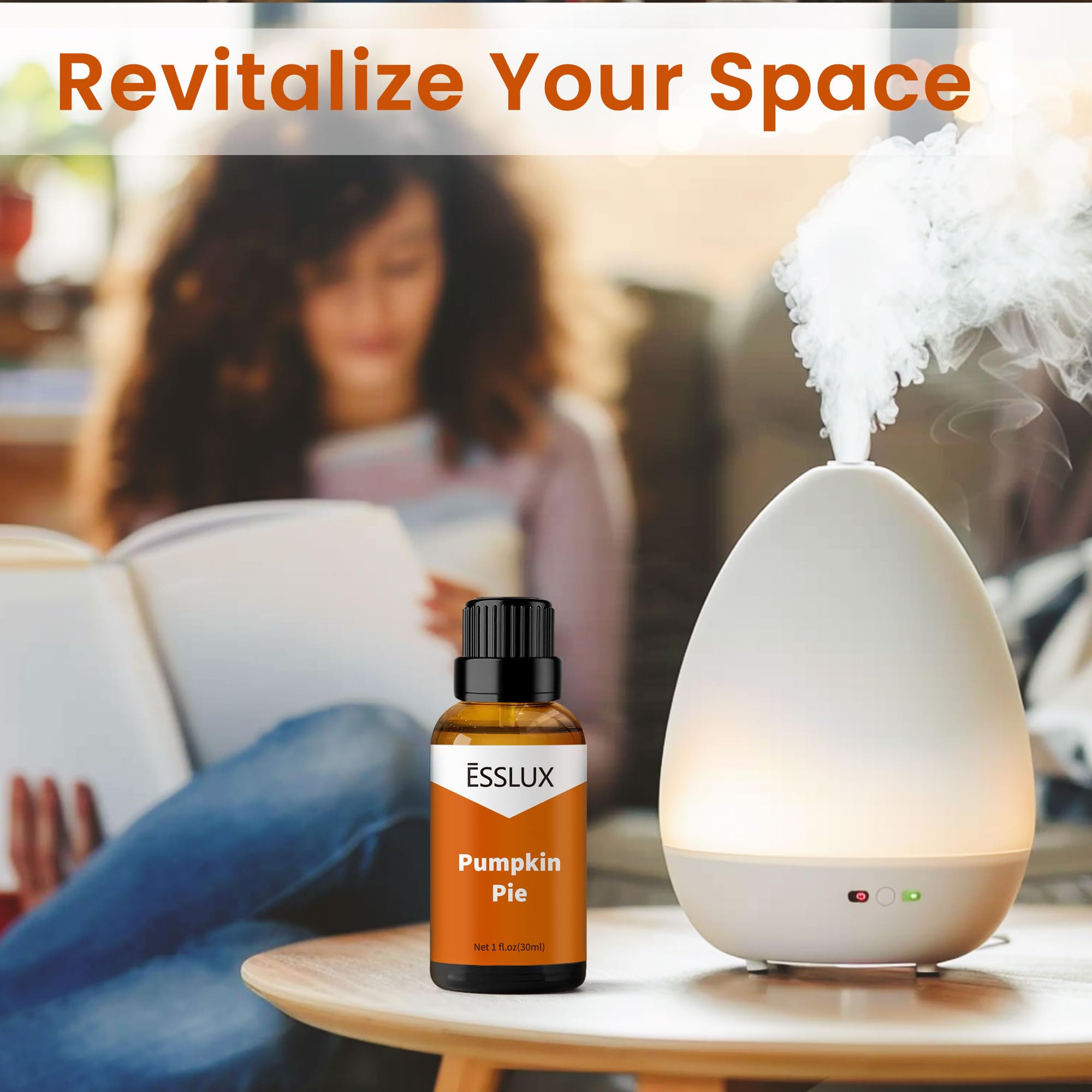 Reed diffuser with ESSLUX Pumpkin Pie fragrance for autumn scent.