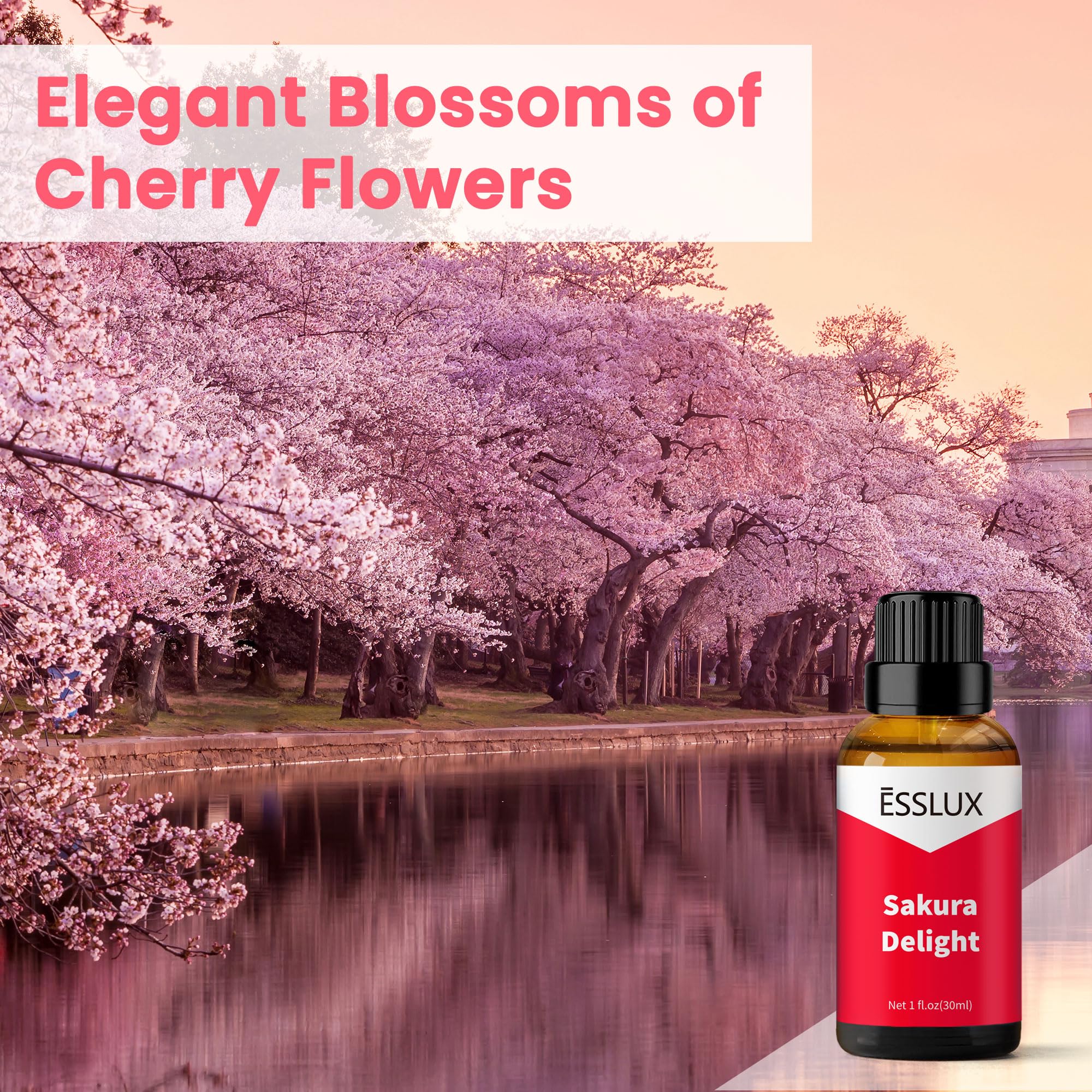 ESSLux Sakura Delight in-room diffuser scene creates calming cherry blossom ambiance.